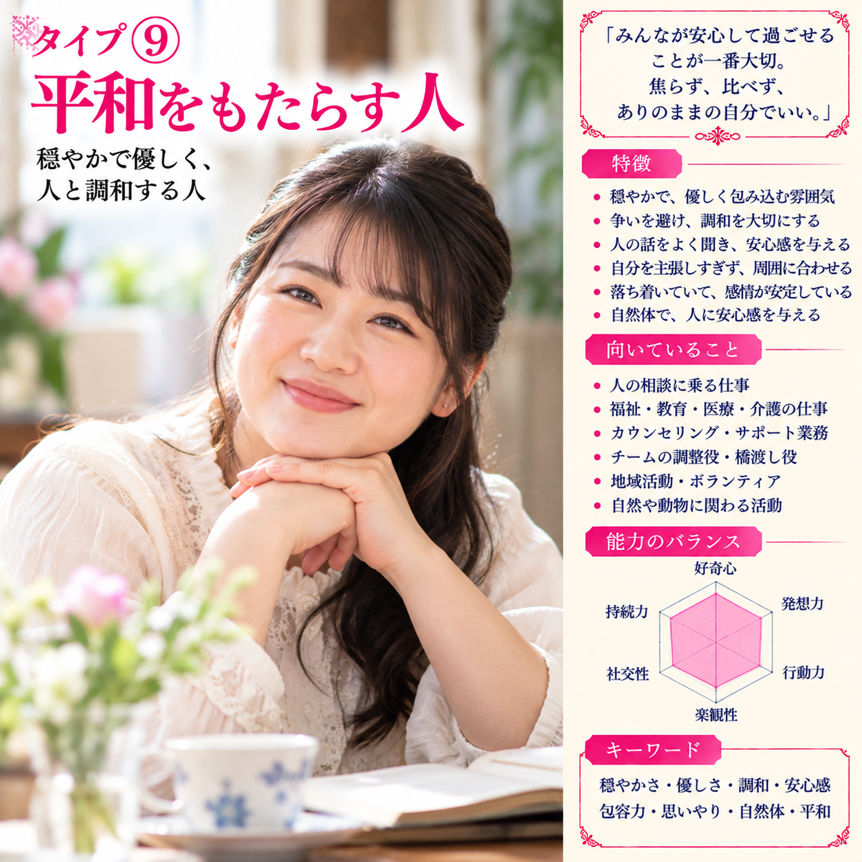 タイプ⑨ 平和をもたらす人。穏やかな笑顔の女性とタイプの特徴を紹介する画像